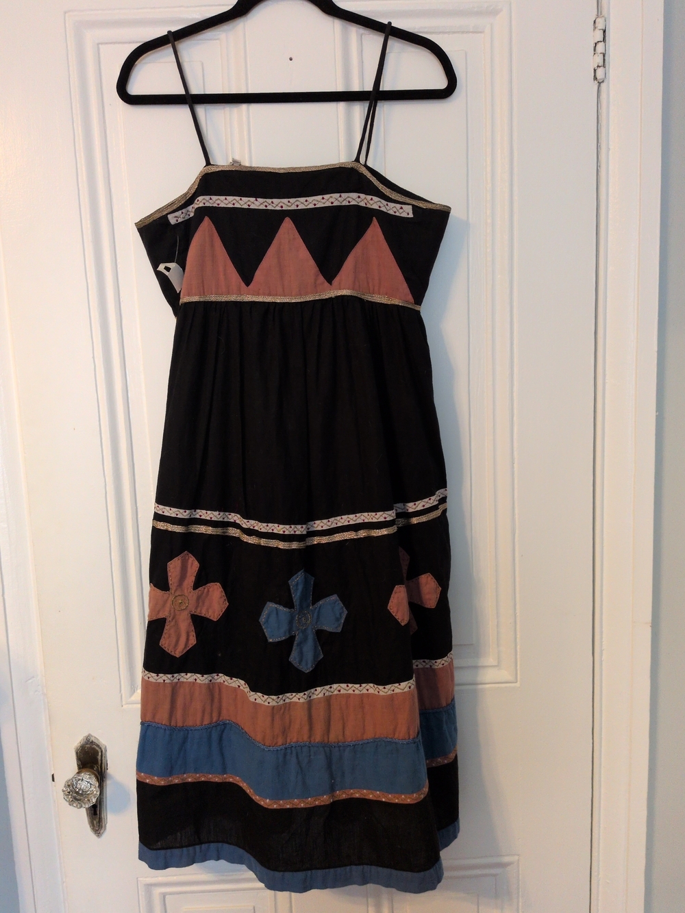 Vintage Bloomingdale Black Spaghetti-Strap Tiered Dress with Pink Blue Accents